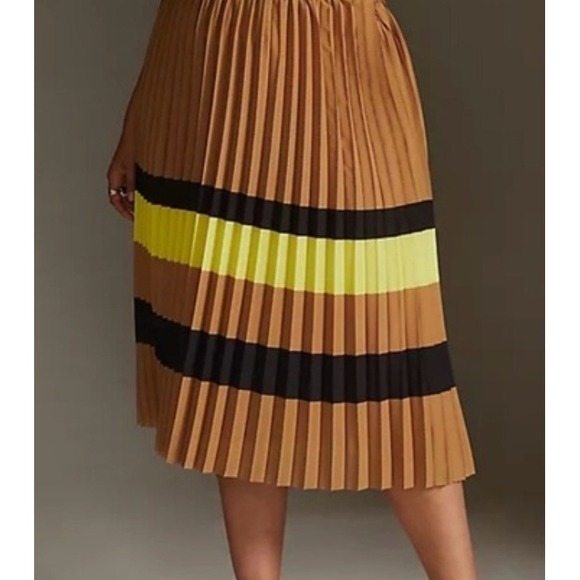 Maeve Anthropologie Striped Micro Pleated Midi Skirt Tan Navy Neon Yellow Small - Picture 7 of 7